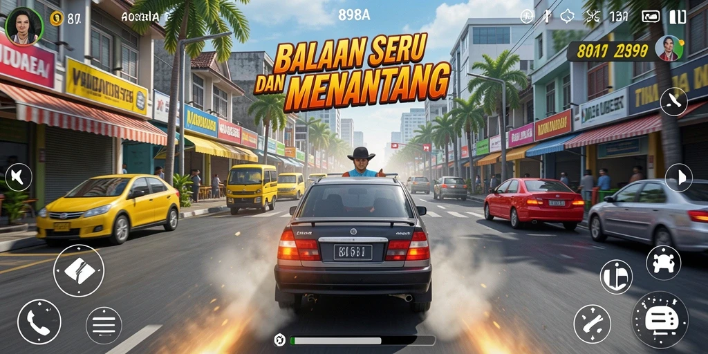 Tangkapan layar menampilkan gameplay Racing yang intens dengan berbagai kendaraan.