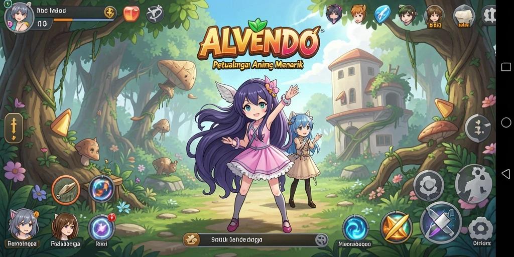 Tampilan gameplay menakjubkan dari ALVENDO dengan karakter anime yang menarik.