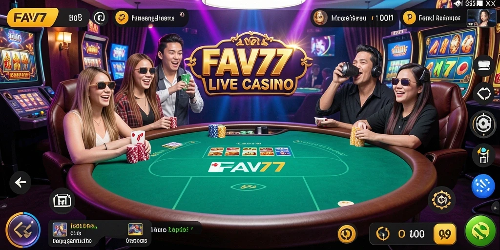 Screenshot gameplay FAV77 menampilkan dealer langsung dan suasana kasino yang menarik.