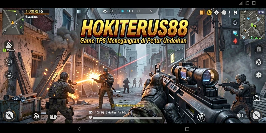 Screenshot HOKITERUS88 menampilkan aksi intens pertempuran TPS.