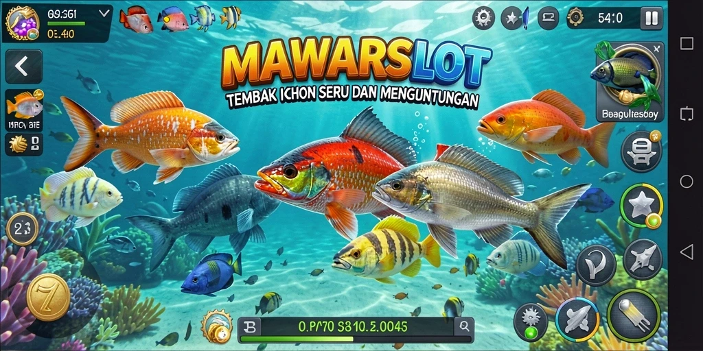 Gameplay seru MAWARSLOT dengan berbagai jenis ikan menunggu untuk ditembak.