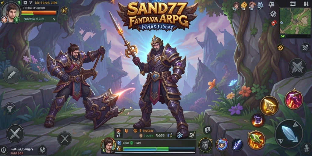 Screenshot menunjukkan pertempuran mendebarkan di dunia fantasi SAND77.