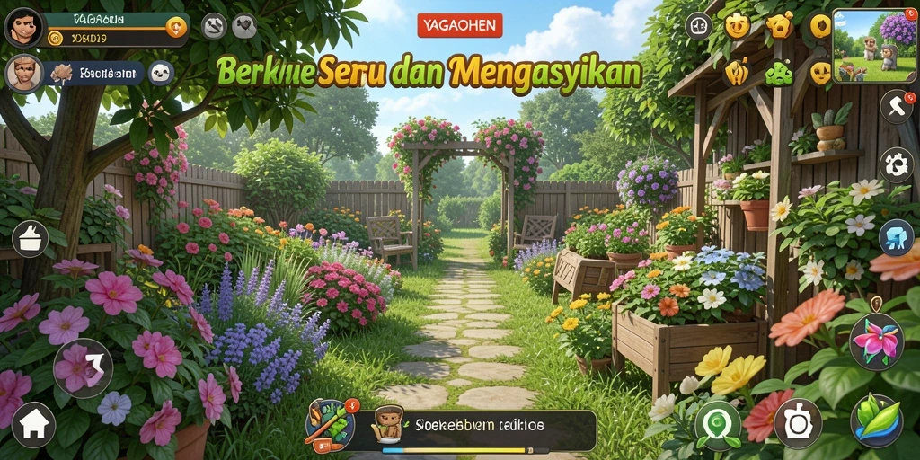 Screenshot gameplay YAGAOHEN menampilkan kebun yang indah dan interaktif.
